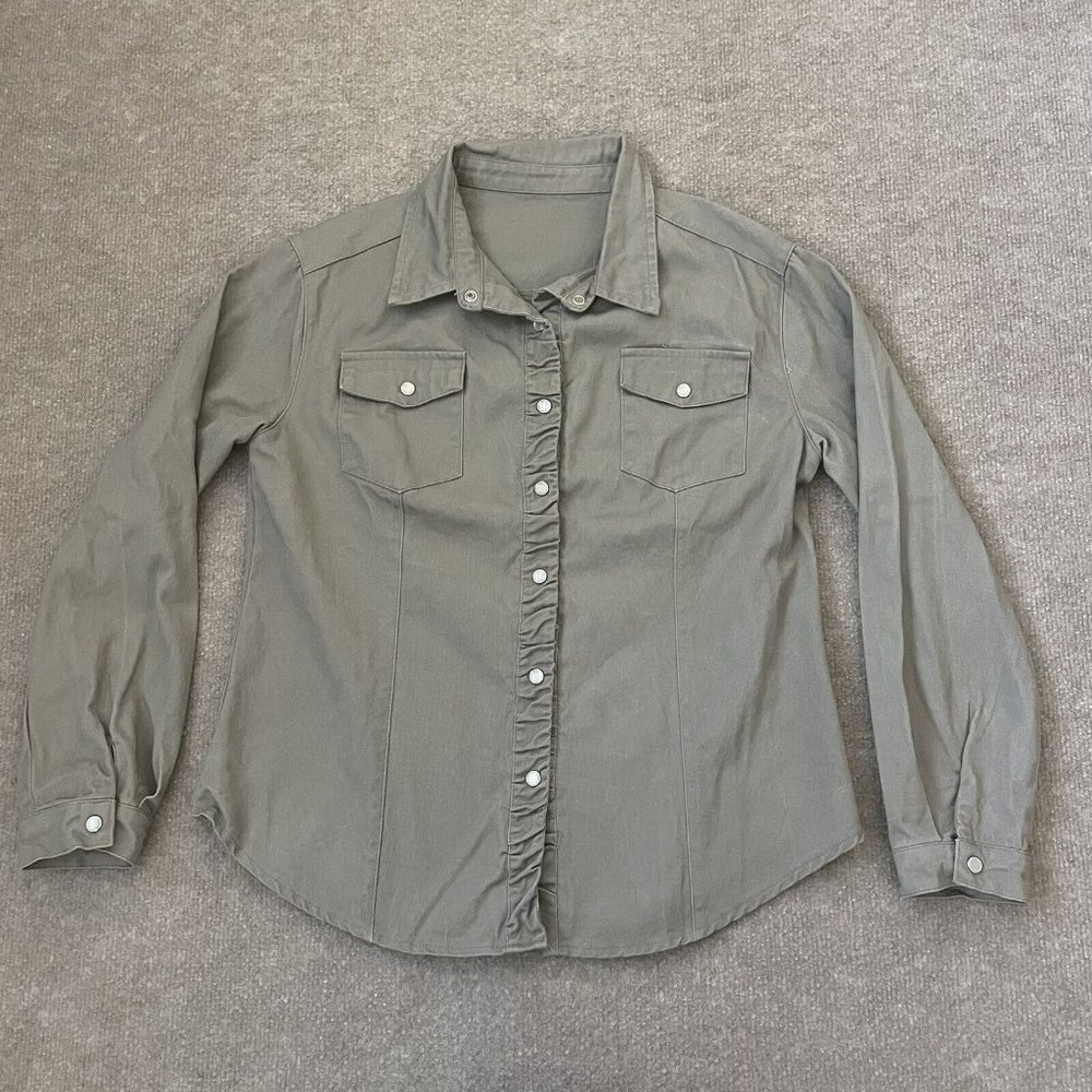 Pearl Snap Shirt Womens Small Dark Beige Pockets Casual 100% Cotton Top Jacket